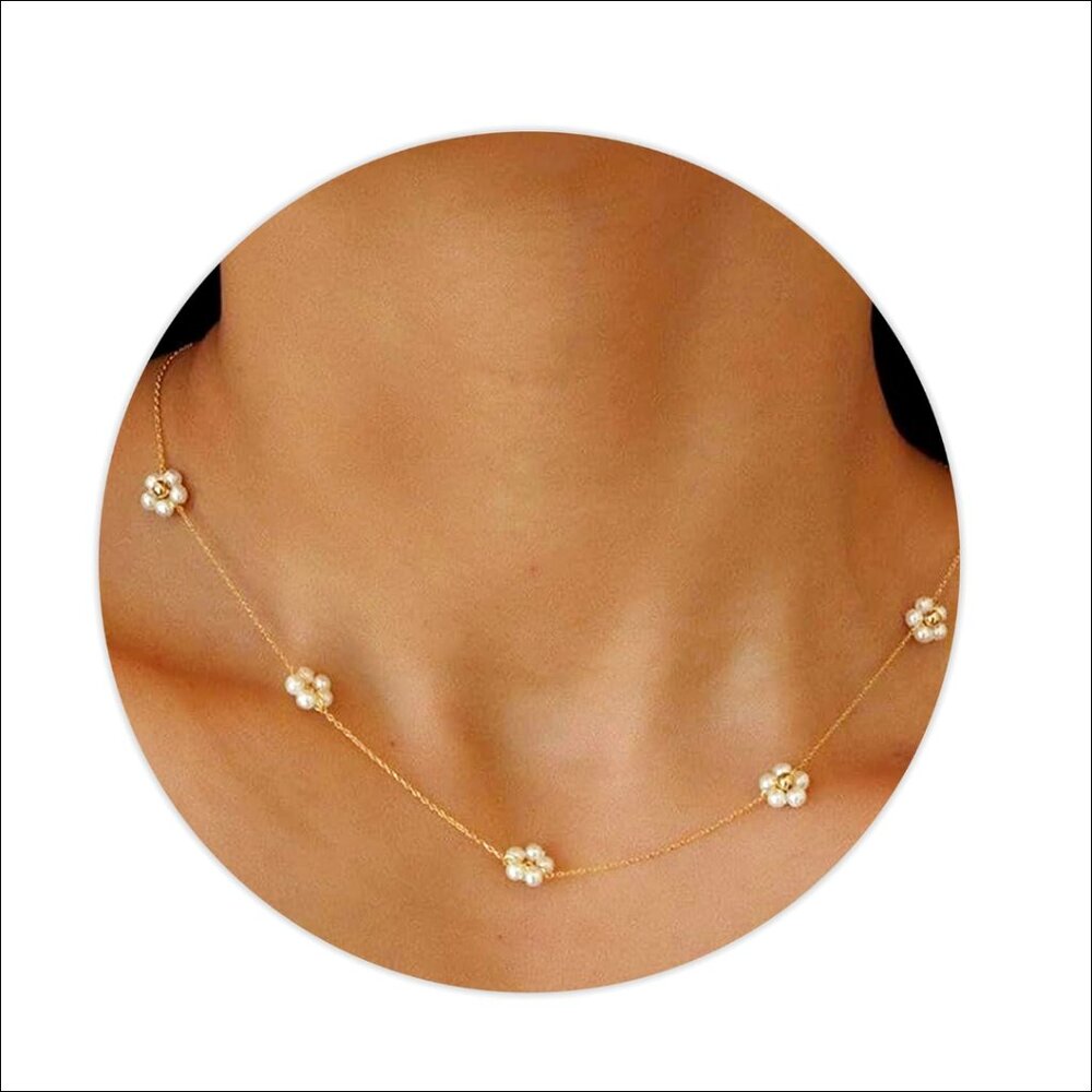 Daisy Pearl Choker Necklace, Adjustable 15-17 Inch, Stainless Steel Gold Plated